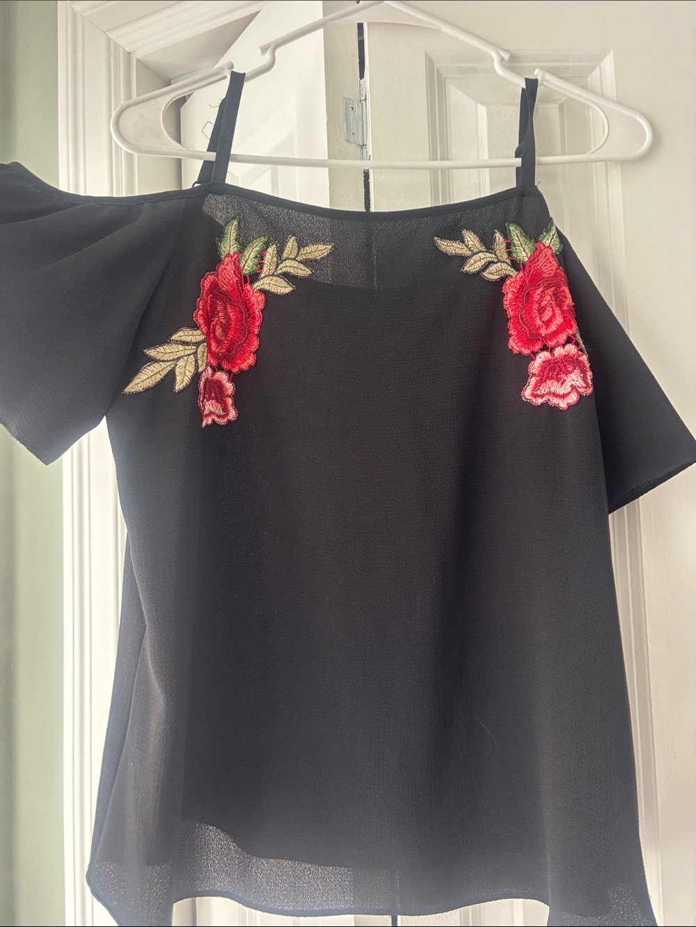 A. Byer Black Cold-Shoulder Top with Red Rose Embroidery